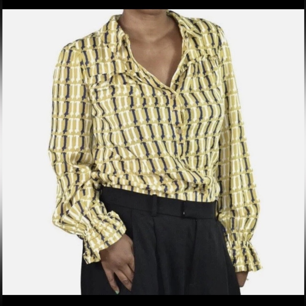 Maeve Anthropologie Fredericka Dog Blouse Top Size 2 Yellow Blue Dachshund